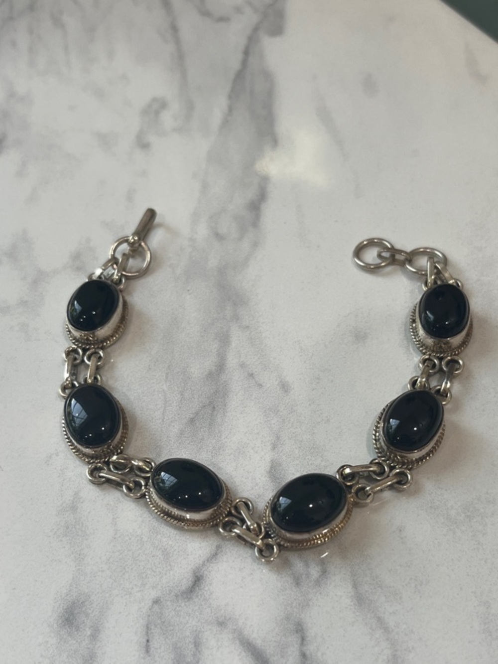 Sterling Silver Black Onyx Link Bracelet 7.5 inches